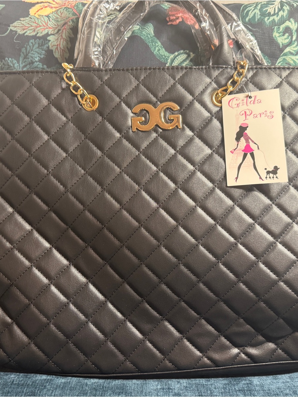 Gilda Paris Quilted Black Tote with Gold Chain Handles